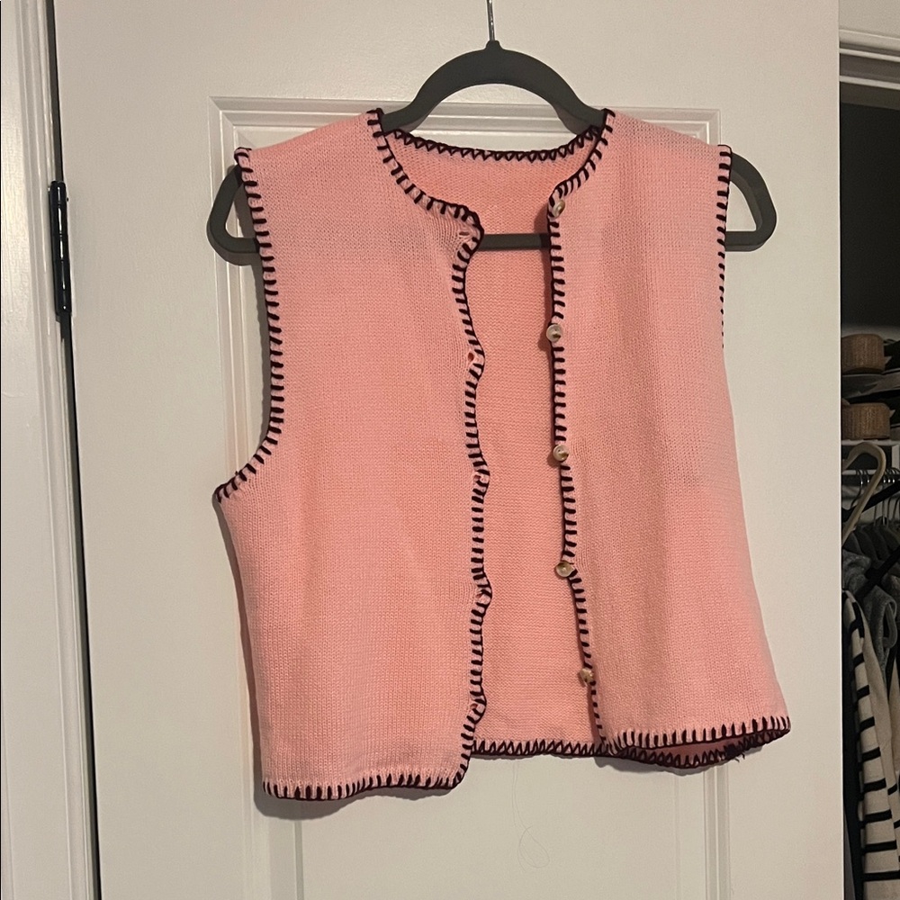 Pink Sleeveless Knit Cardigan with Black Trim